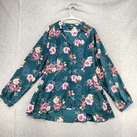 Torrid Harper Blouse Wmns Sz 2 Georgette Teal Floral Long Sleeve Back Tie V-Neck - Picture 1 of 12